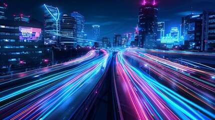 Wall Mural - futuristic cyberpunk cityscape with blue and pink light trails, portraying a sci-fi downtown scene a