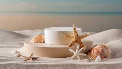 Wall Mural - Empty round beige platform podium with sea shells and starfish on white beach sand background. Minimal creative composition background