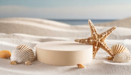 Wall Mural - Empty round beige platform podium with sea shells and starfish on white beach sand background. Minimal creative composition background