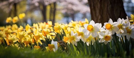 Wall Mural - A field filled with yellow and white flowers blooms vibrantly next to a tall tree, standing out against the lush green grass. The contrast of colors creates a beautiful natural scene in the springtime