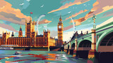 Fototapeta Londyn - abstract illustration of london england big ben in the background river and bridge in the foreground