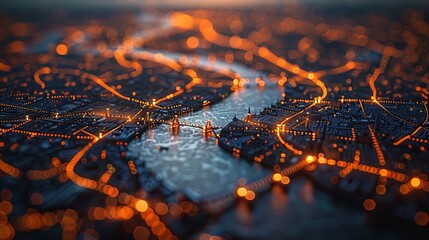 Illustration of London with flat map pins, representing network and connections technology concept.