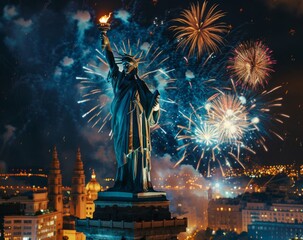 Wall Mural - A photograph of the Statue of Liberty with fireworks in background, symbolizing freedom and USA holiday celebration Generative AI