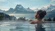  Immersed in bliss, a young woman indulges in a spa treatment, nestled in a jacuzzi with a panoramic view of a majestic mountain range.