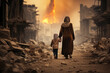 Mother and his child in a war-torn city look at the ruins of his home, Walking Amidst Destroyed Building Ruins Photorealism