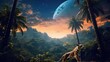 Fantasy tiger walking in jungles with palm trees on fabulous magical night sky background with crescent moon, shining stars and clouds