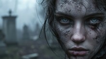 Close-up Of The Face Of A Zombie Girl With Dark, Dirty Skin And Blue Eyes. There Is A Blurry View Of A Cemetery In The Background.
