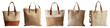 Set of jute Burlap fabric eco-friendly recycle reusable tote sling bag on transparent cutout, PNG file. Many different style. Mockup template for artwork graphic design