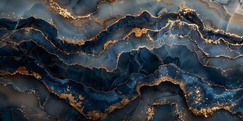 Celestial ribbons of sapphire blue and molten gold entwining in an intricate dance, creating a captivating and cosmic abstract artwork on a backdrop of profound black.