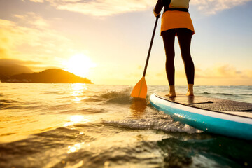 Stand up Paddling, im Hintergrund das Meer im Sonnenuntergang 