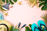 Fototapeta Nowy Jork - Summer flat lay background. Palm leaves, sea shells and accessories on pink.
