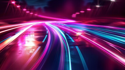 Wall Mural - Vector artwork illustrating dynamic light motion and high-speed effects, capturing traffic motion and cyberpunk neon elements.