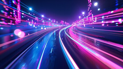 Wall Mural - Vector artwork illustrating dynamic light motion and high-speed effects, capturing traffic motion and cyberpunk neon elements.