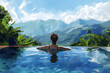 Engulfed by the tranquil beauty of a mountain retreat, a young woman enjoys a leisurely swim in a resort pool nestled amidst lush surroundings.