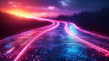 Wall Mural - Vector artwork illustrating dynamic light motion and high-speed effects, capturing traffic motion and cyberpunk neon elements.