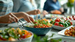  Set against the backdrop of a modern cafeteria, a dedicated wellness committee arranges a tasting event, showcasing a variety of healthy meal options.