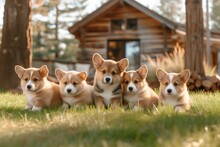 Corgis Playfully Posing On A Lush Lawn With A Cozy Cabin Backdrop Lot Of Puppies Together, Puppy Day