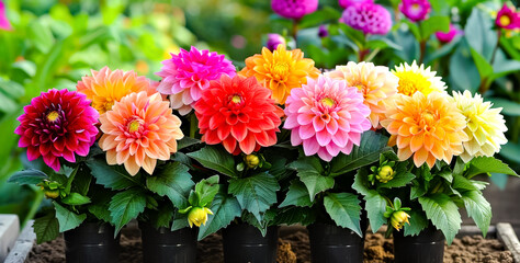 Wall Mural - Colorful dahlias flowers in small pots. Gardening and Flowering background.