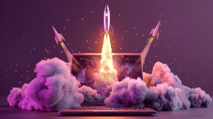 Wall Mural - Startup concept with rocket flying out of laptop screen on black background