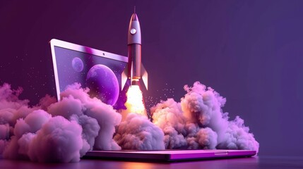 Wall Mural - Startup concept with rocket flying out of laptop screen on black background