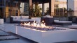 © Copper - Outdoor fireplace patio with white exterior & modern courtyard setting. Large built-in gas flame fire pit. Outdoor seating lounge area. Cozy place.