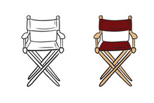 Realistic Beautiful Chair For Cinema Producer, Director With Red Tissue Elements Isolated On White Background. Hand Drawn Vector Sketch Illustration In Doodle Engraved Vintage Style. Coloring Book