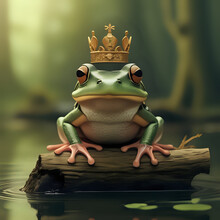 A Creative Composition Of A Frog Wearing A Crown Sitting On A Log In A Japanese Anime Style - Generated By Ai