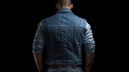 Back view photo of man in jeans shirt and denim biker vest standing