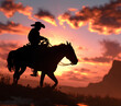 Araffe riding a horse in the sunset with a mountain in the background