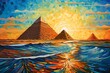 a painting of pyramids and water