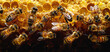 Honeybees working on honeycomb, close-up view of apiary life, natural beekeeping concept.