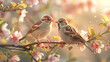 Two sparrows on cherry blossom branch.