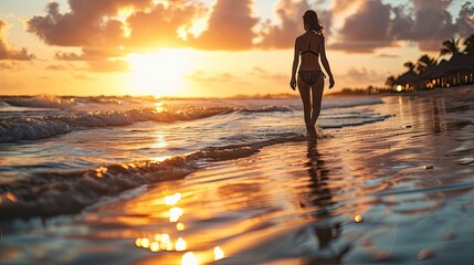 Wall Mural - woman walking on the beach near the ocean at the sunset