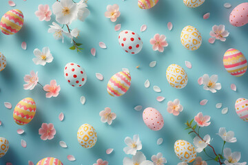 Wall Mural -  pattern of painted easter eggs and blossom, on a pastel blue background, hyper realistic photography in the style of an isometric pattern