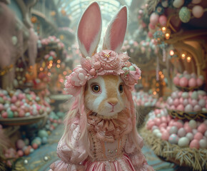 Surreal world where the Easter girl Bunny, in human form, wears vibrant pink attire amidst on the background of a pile of pink eggs. rabbit with Easter eggs on. Bunny for Easter designs and decoratio