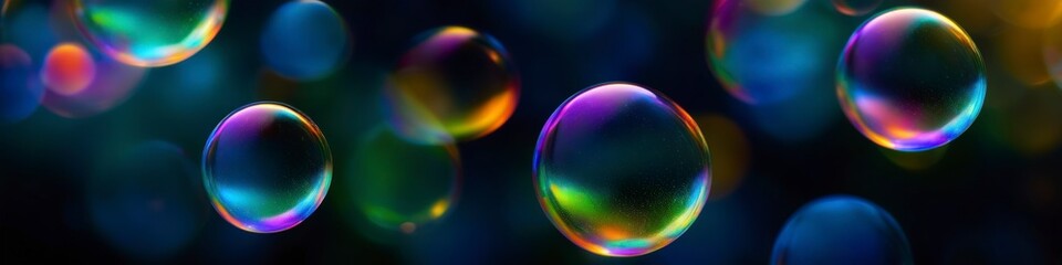 Wall Mural - Abstract holographic illustration transparent soap bubbles flying on dark background. Background for banner design, poster, website header, place for text.