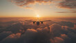A commercial passenger jet flies high above the clouds at sunset.