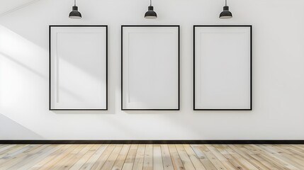 Three empty vertical black frame mock up in a white interior room design with wooden oak floor, 3 empty modern frames for gallery wall mockup, 3d illustration white wall interior Ai Generated 