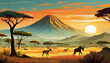 Oil illustration of African savanna landscape with mountain and sun. Abstract painting. Wildlife and nature