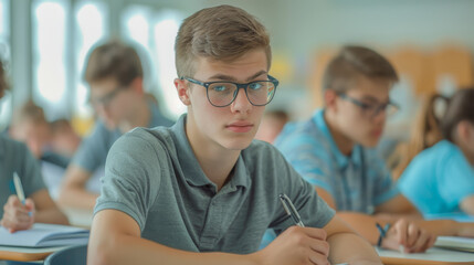 Wall Mural - A young male student with glasses engrossed in writing during a classroom exam.