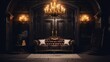 Black room in the castle with a vintage door, a chandelier, a sofa and amirror and fireplace.