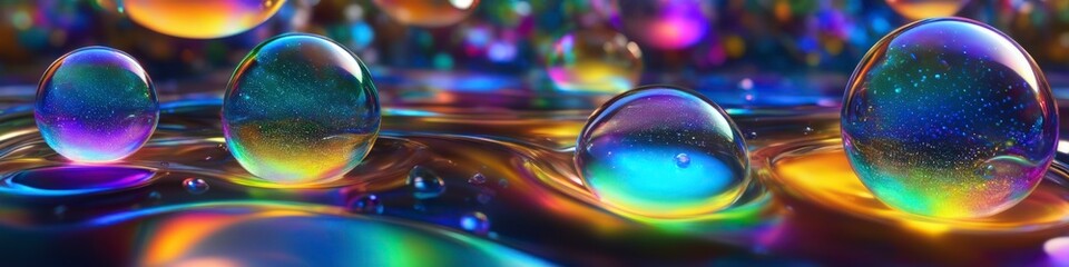 Wall Mural - Bright abstract holographic illustration of bubbles floating in water. 
Background for banner design, poster, website header, place for text.