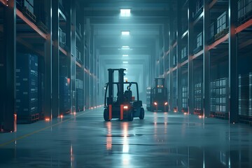 Wall Mural - AI and Robotics Enhancing Efficiency in Industrial Warehouse Forklift Operations for Storage and Logistics Management. Concept AI Integration, Robotics Automation, Warehouse Efficiency