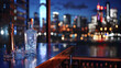  A spectacular HD clarity image of a luxury vodka bottle on a slick bar counter, its crystal-clear contents promising a memorable evening against a backdrop of shimmering city lights