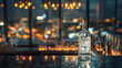  Against a backdrop of shimmering city lights, a bottle of premium vodka commands attention on a sleek bar counter, its crystal-clear contents promising an unforgettable evening, captured in stunning 