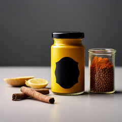 Wall Mural - A jar of yellow mustard sits on a table next to a jar of spices