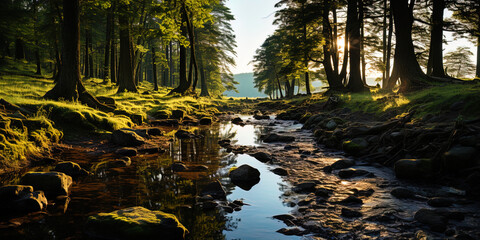 Wall Mural - A luminous stream, like an evening light, shining the way tired travelers on summer eveni