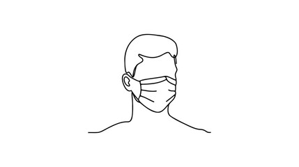 One continuous line drawing medical face mask. Concept of coronavirus. Continuous single drawn person in mask one line hand-drawn picture silhouette. Line art. doodle. Vector illustration.