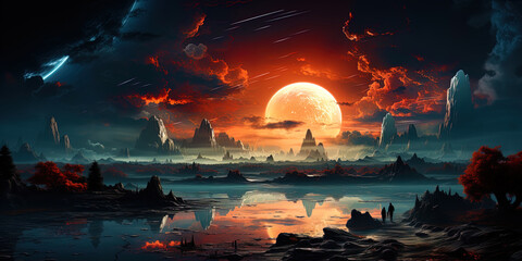 Wall Mural - A planet with a double sun illuminating a double sunset, like a parallel reality in a cosmic dan