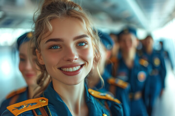 Wall Mural - Group of Caucasian female stewardesses in uniform dragging suitcases in the airport.